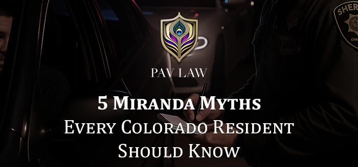 Blog title; 5 Miranda Myths Every Colorado Resident Should Know, over an AI generated image of a police traffic stop. Miranda myths Colorado